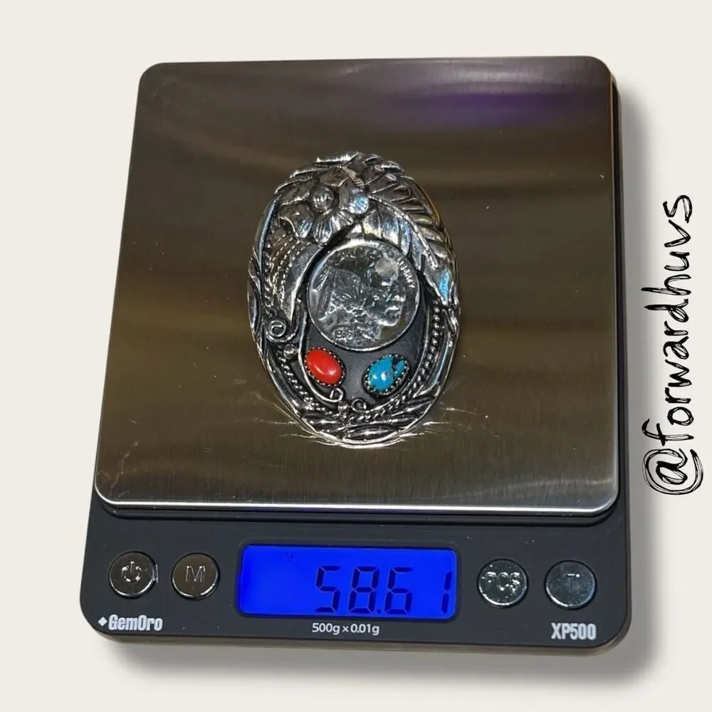 Vintage Bolo Tie Slide – Indian Head Coin – Coral & Turquoise – Signed S.S.I. US